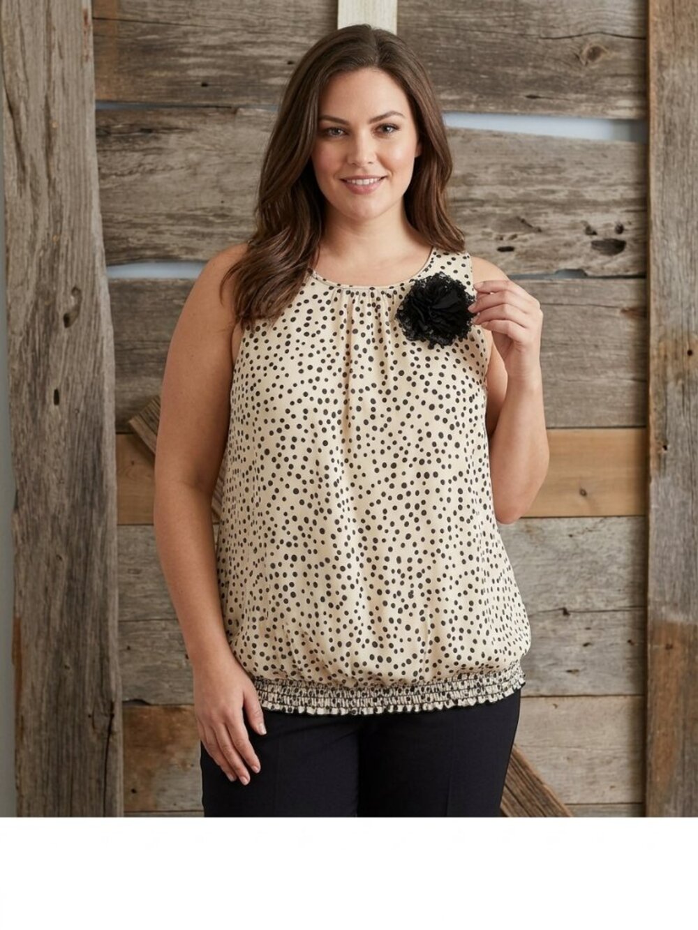 JANETTE Plus USA Plus size 3XL Cream polka dot blouse with chiffon flower